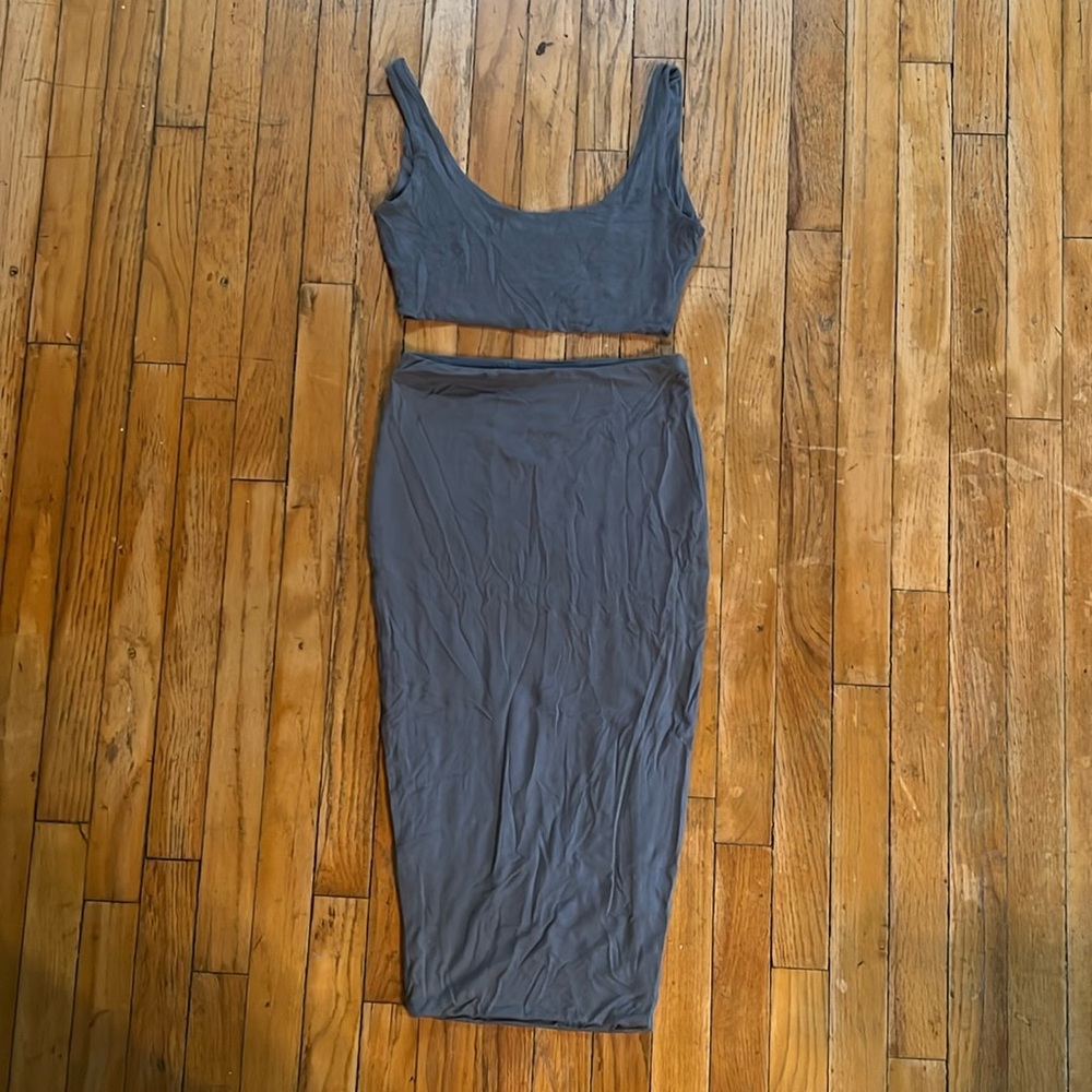 Naked wardrobe high rise midi skirt with matching crop tank top in slate blue
